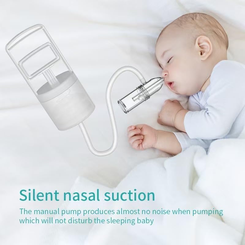 Manual nasal aspirator beside a sleeping baby with quiet-use information
