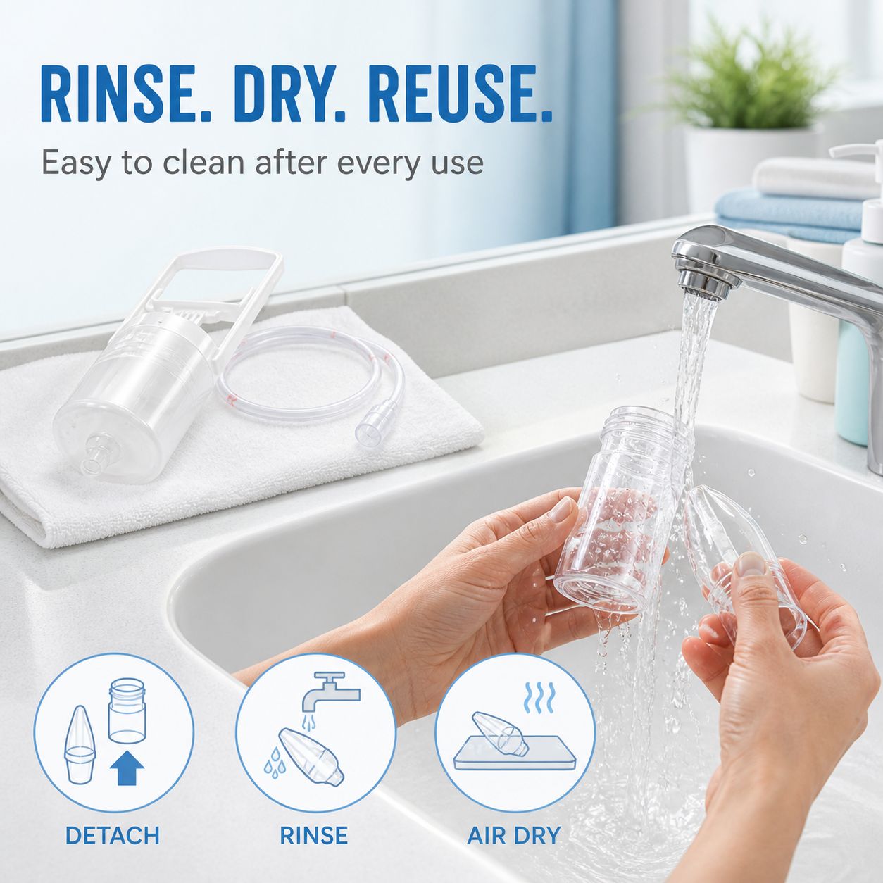 Detachable nasal aspirator parts being rinsed before air drying