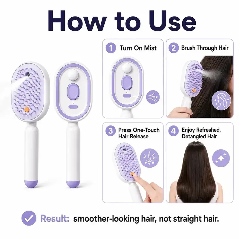 Guide showing how to mist and detangle hair with the rechargeable comb